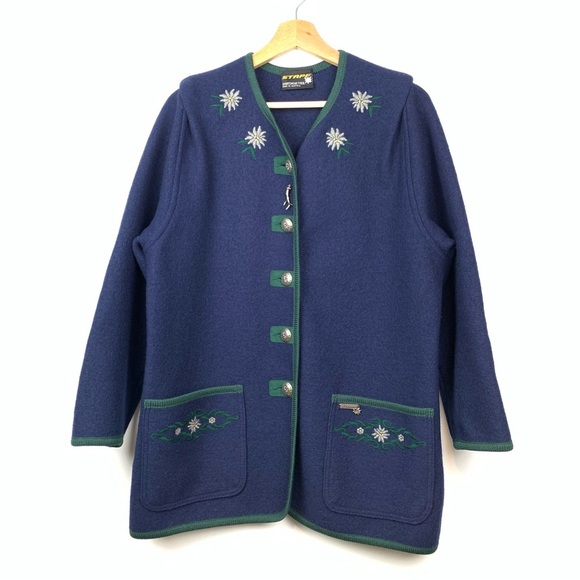 Stapf Sweaters - Stapf Boiled Wool Cardigan Blue Sz 42 Floral Austria Tyrol GrandmaCore Cabincore